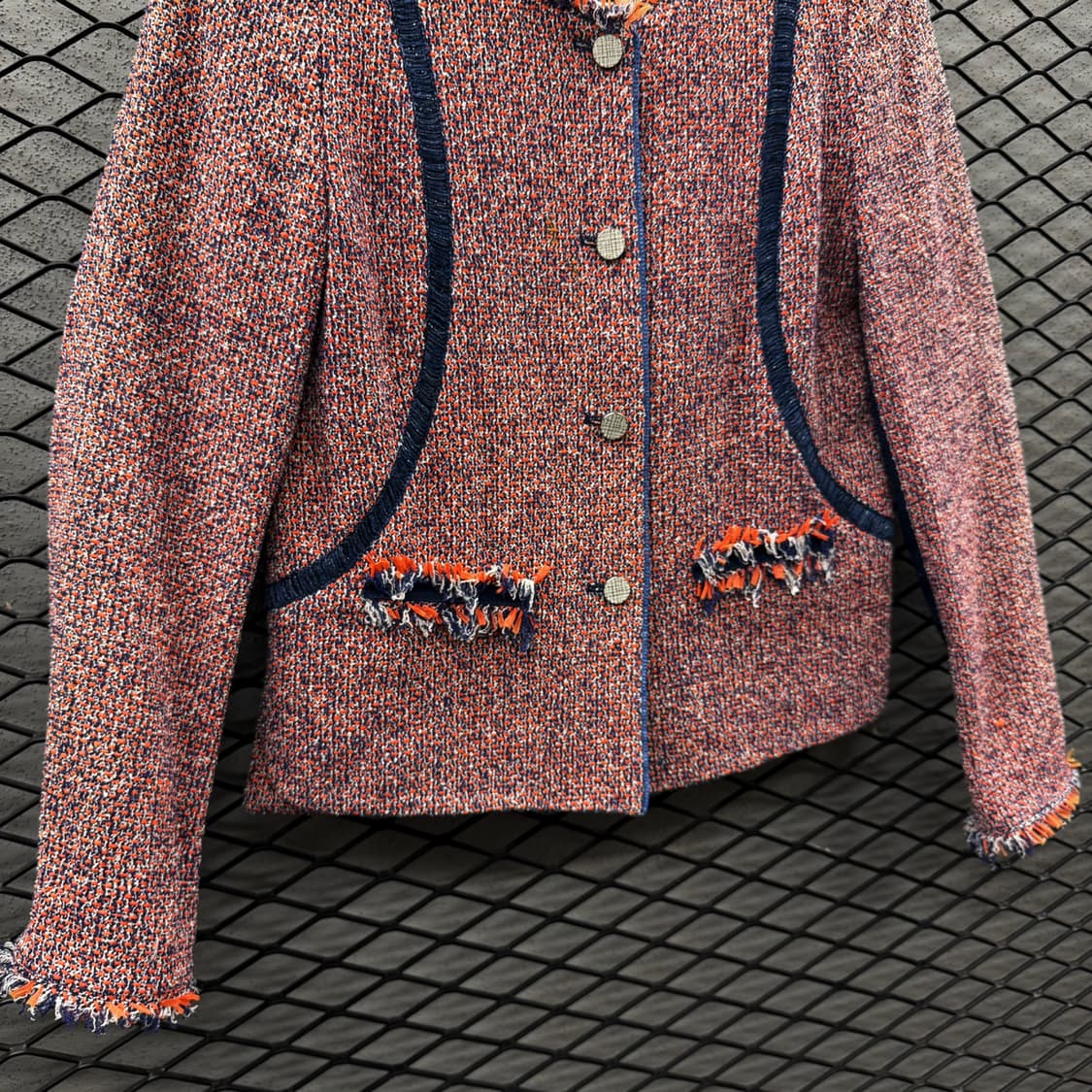 JPN VINTAGE 멀티톤 트위드자켓 네이비 테이핑 라인 프린지 디테일 상품이미지5