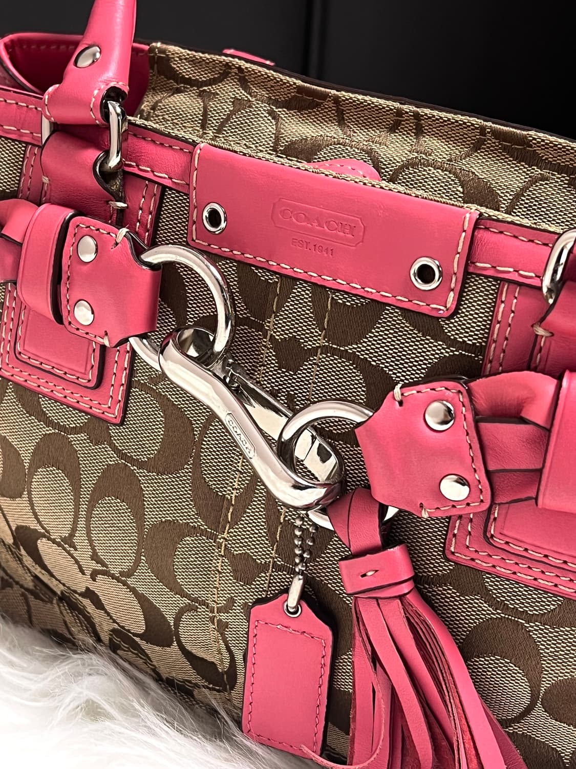 90s coach 햄튼 시그니처 캔버스 레더 브레이드 핑크 사첼백 상품이미지6