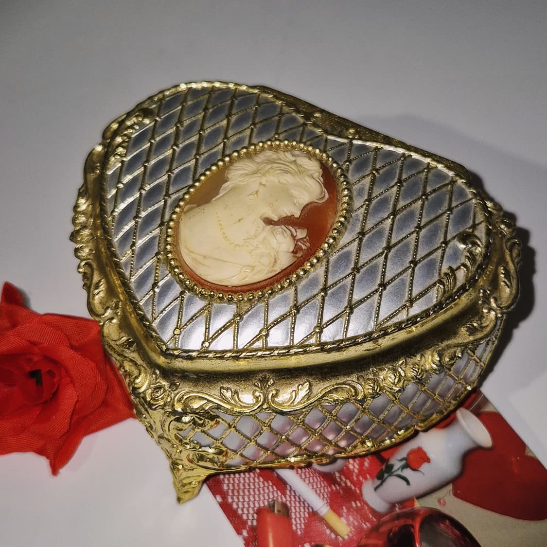 80s 일본 엔틱 카메오 실버 하트 오르골 보석함 상품이미지6