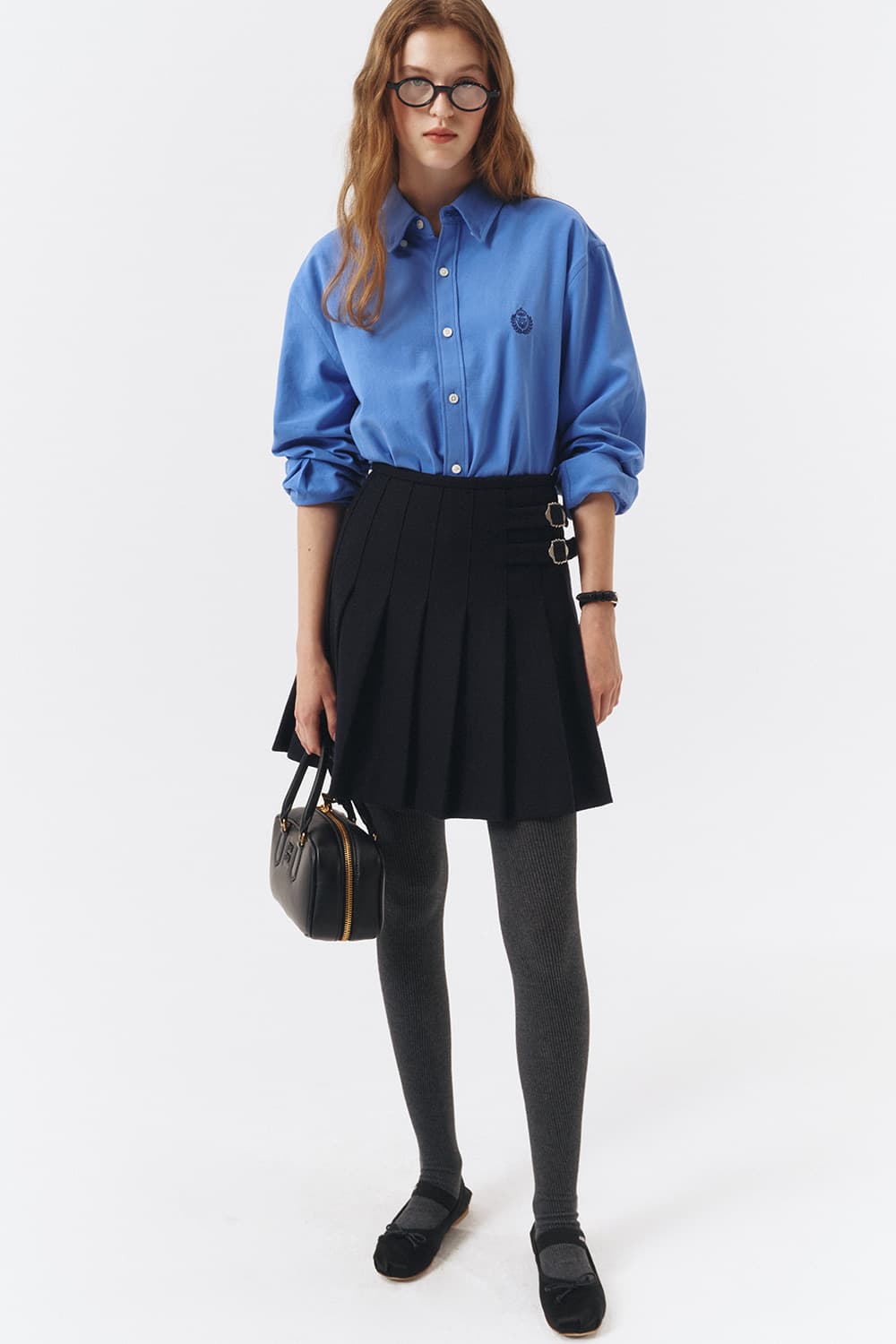 던스트 버클 플리츠 스커트 솔리드 네이비 상품이미지5