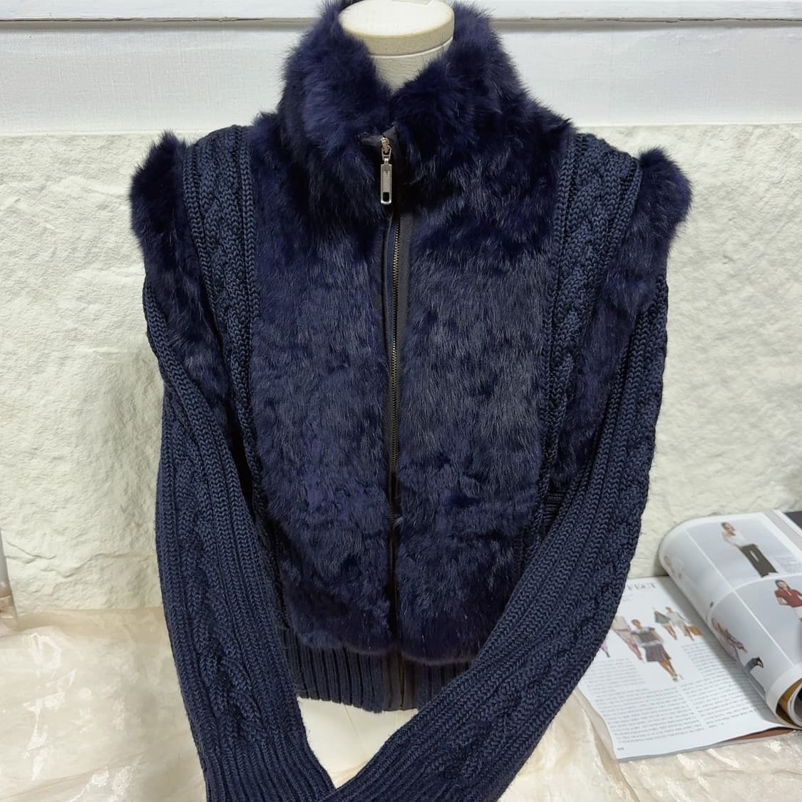 빈티지 네이비블루 꽈배기 토끼털니트자켓 가디건 상품이미지3