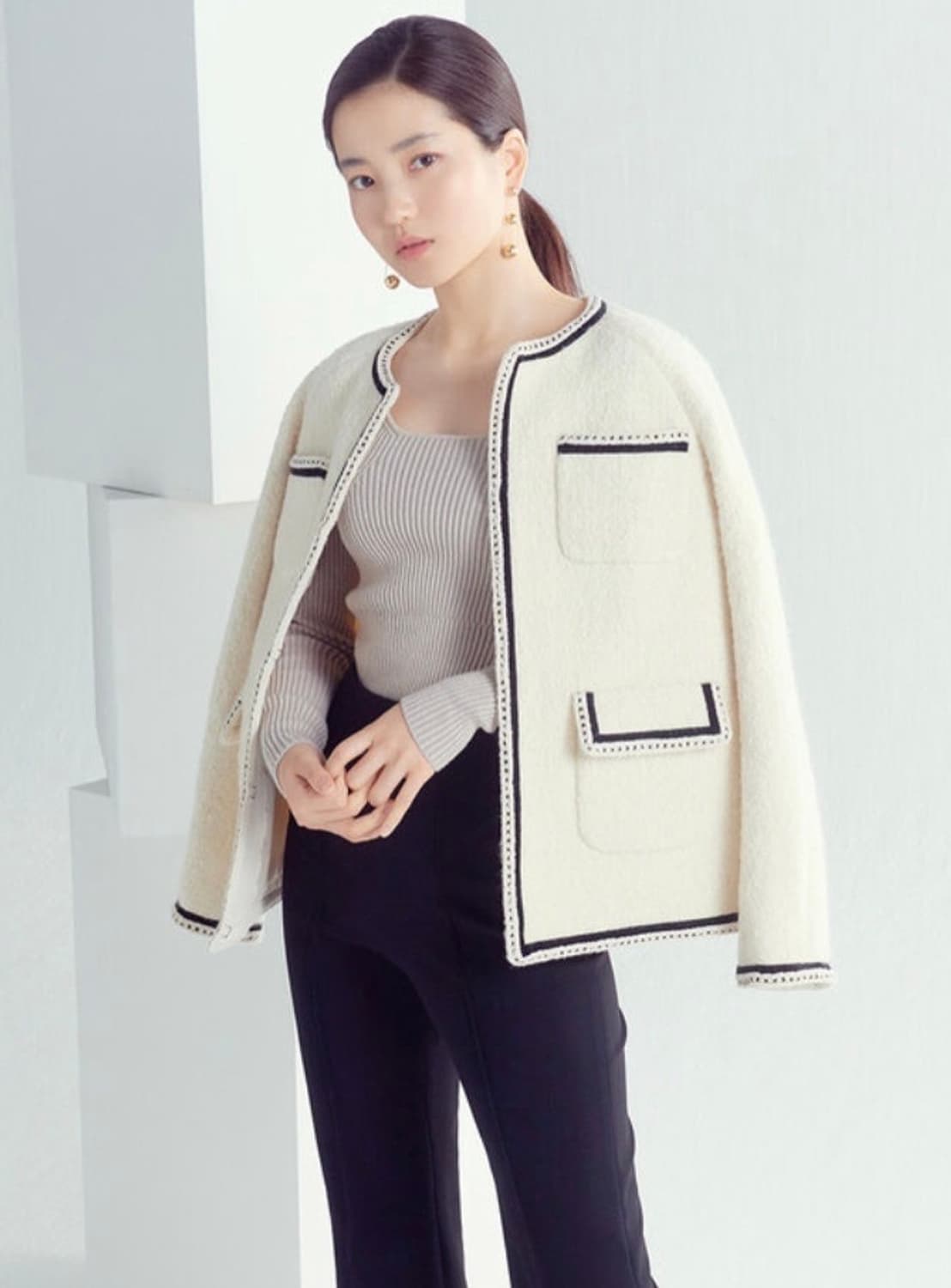 프론트로우 벨벳라이닝 노카라 울 트위드 자켓 S 상품이미지4