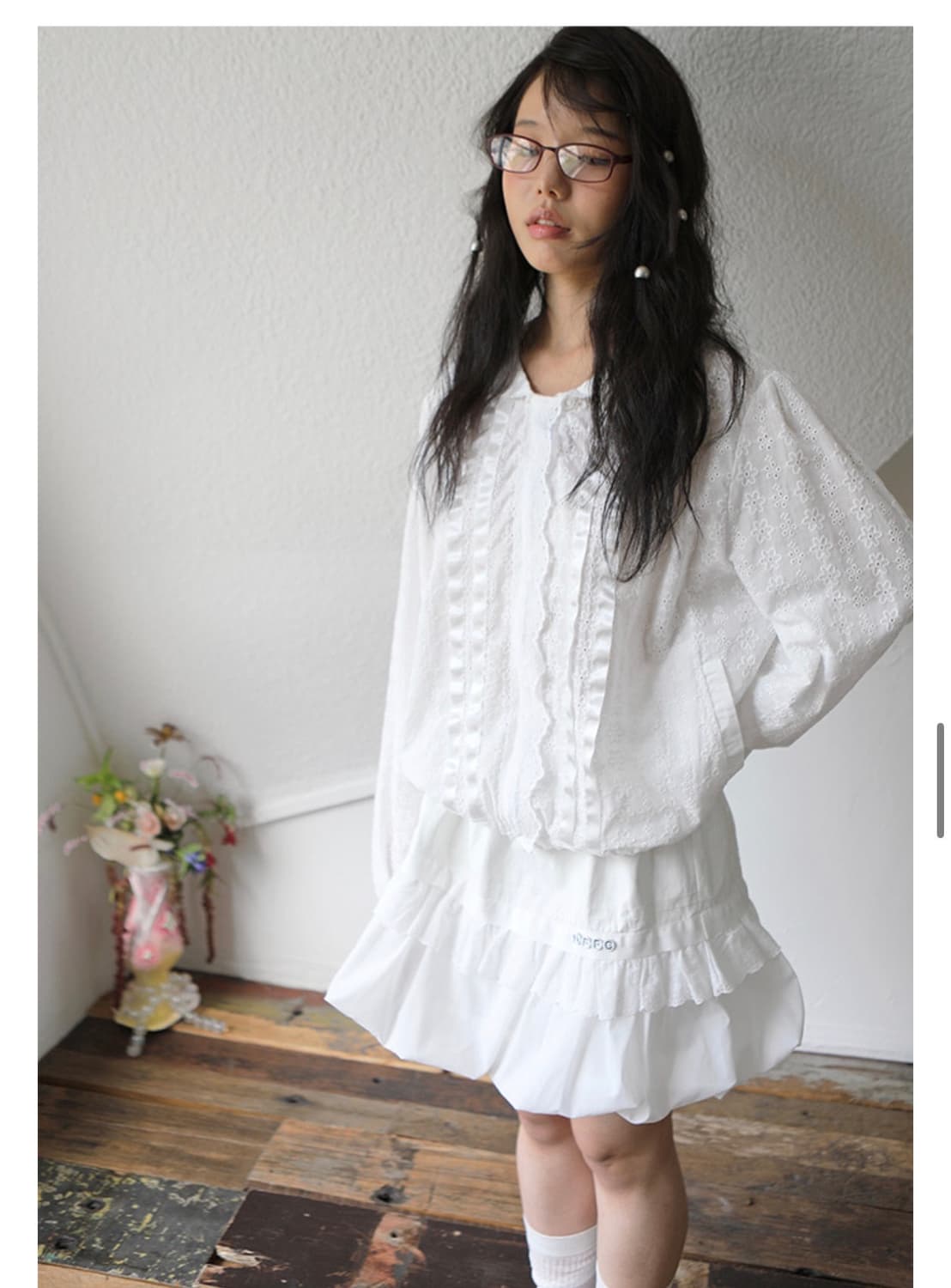 노피셜노피스 레이스 펌킨 밴딩 스커트 화이트  상품이미지2