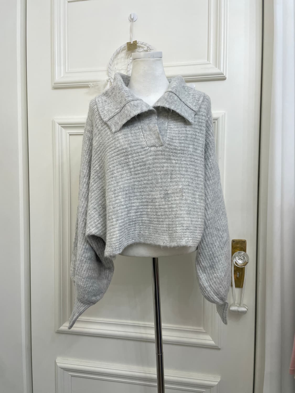 melange gray big collar crop sweater 상품이미지1