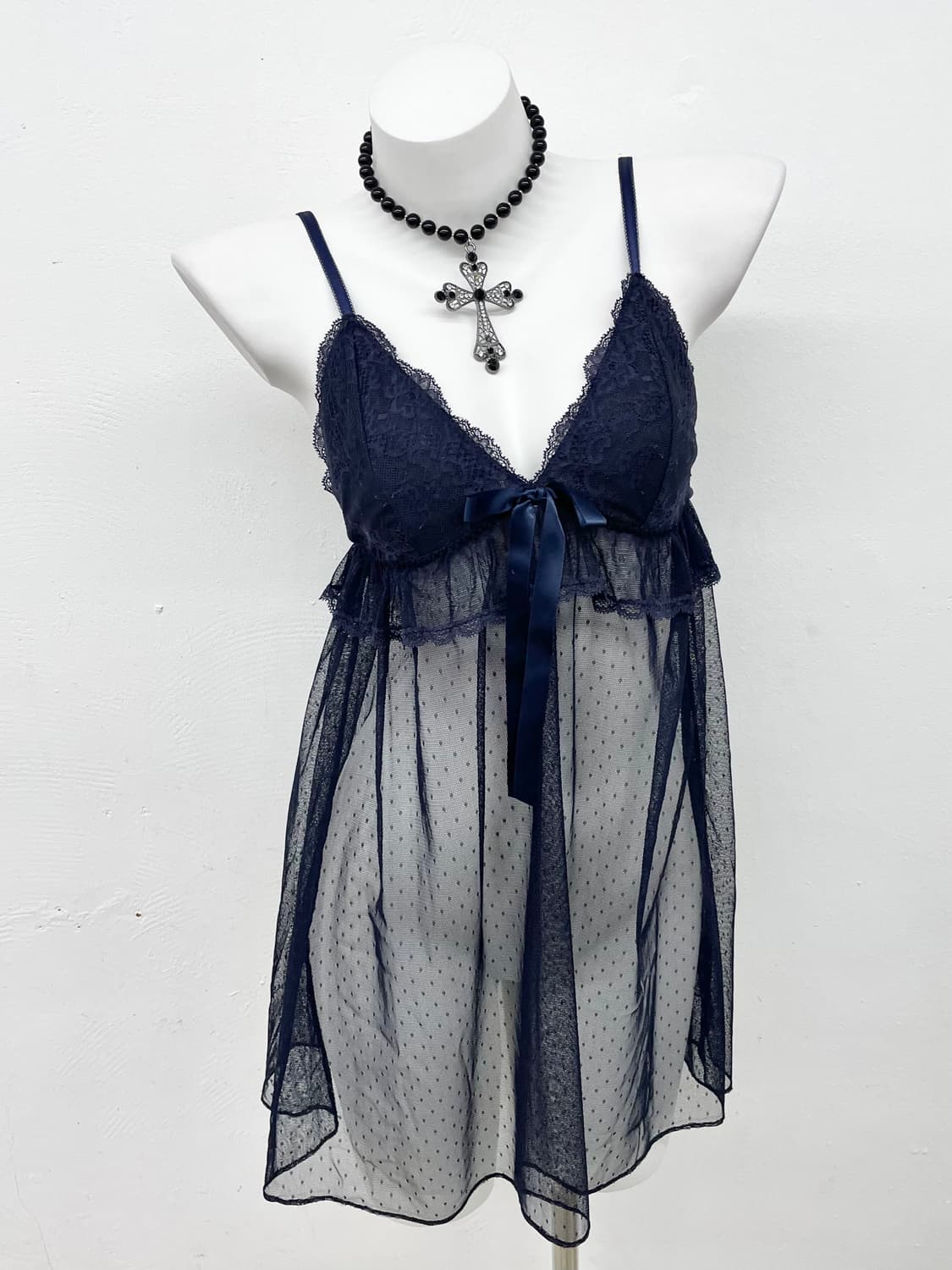 네이비 레이스 리본 슬립 상품이미지1