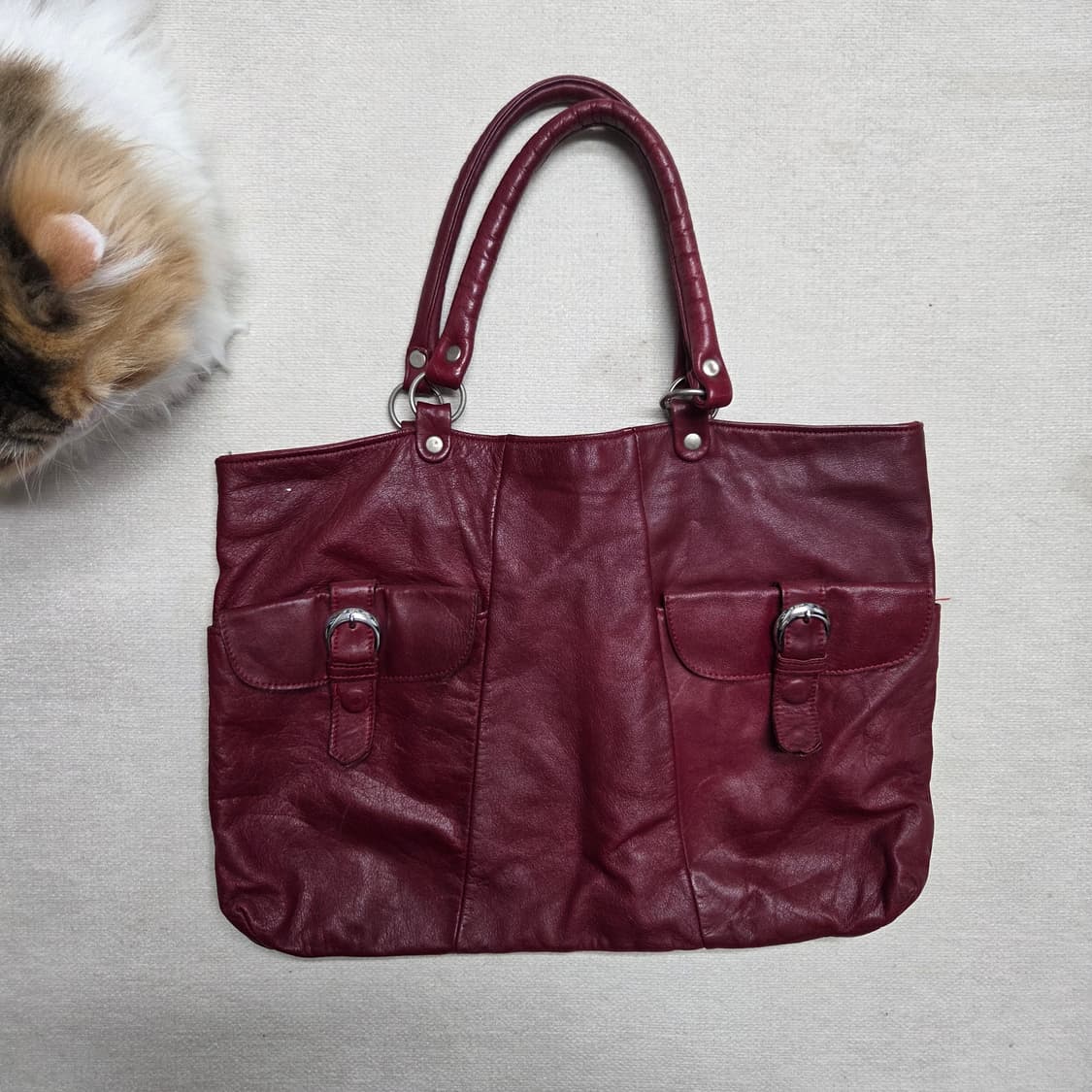 일본 빈티지 버건디 레더 멀티 포켓 핸드백 상품이미지1