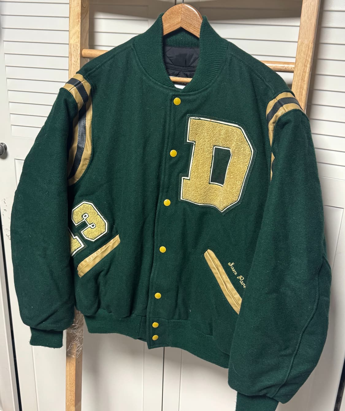 XL 90s delong USA 딥그린 자수 울 봄버 바시티 자켓 상품이미지4