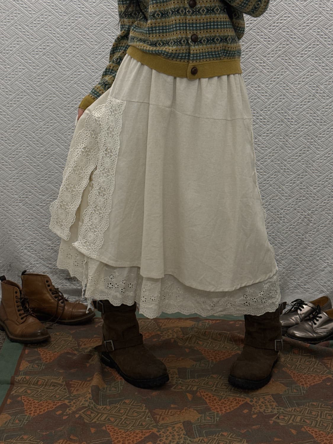 빈티지 러블리 모리 플라워 레이스 캉캉 플레어 롱스커트 K0111 상품이미지1