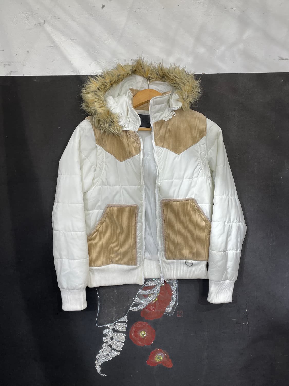 일본빈티지 SpRay 울프죠 후드 투웨이 패딩 화이트 코듀로이 점퍼 M 상품이미지5