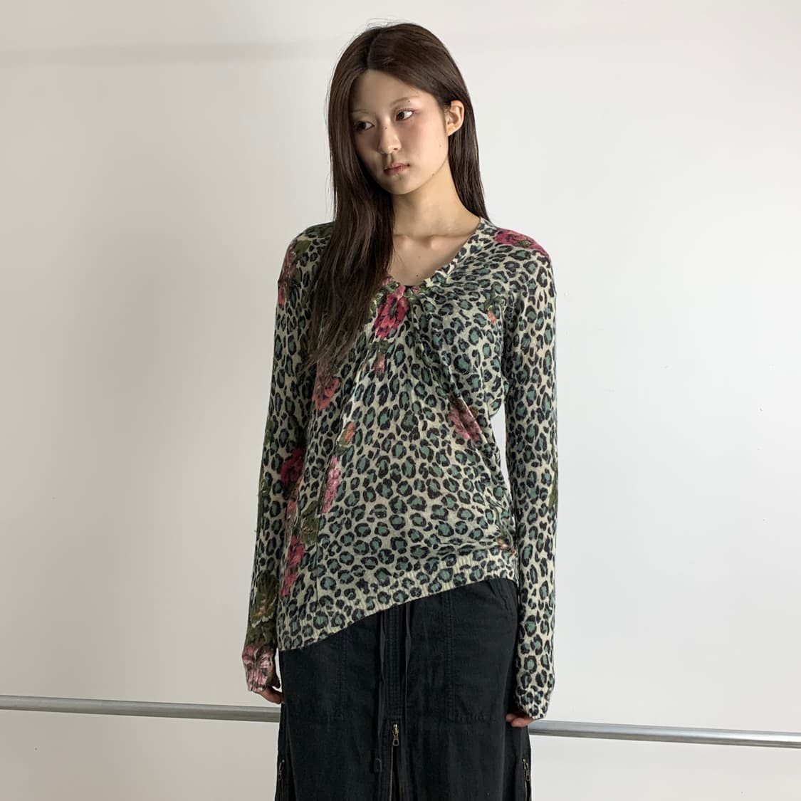 겐조 레오파드 플라워 패턴 알파카 브이넥 니트 상품이미지2