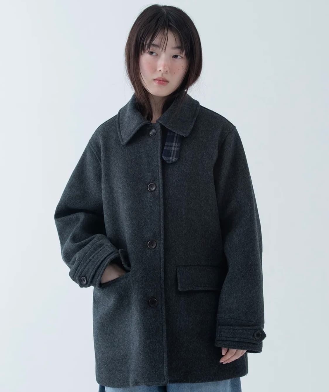 오헤시오 체크 코트 CHECK HALF WOOL COAT 차콜 상품이미지2