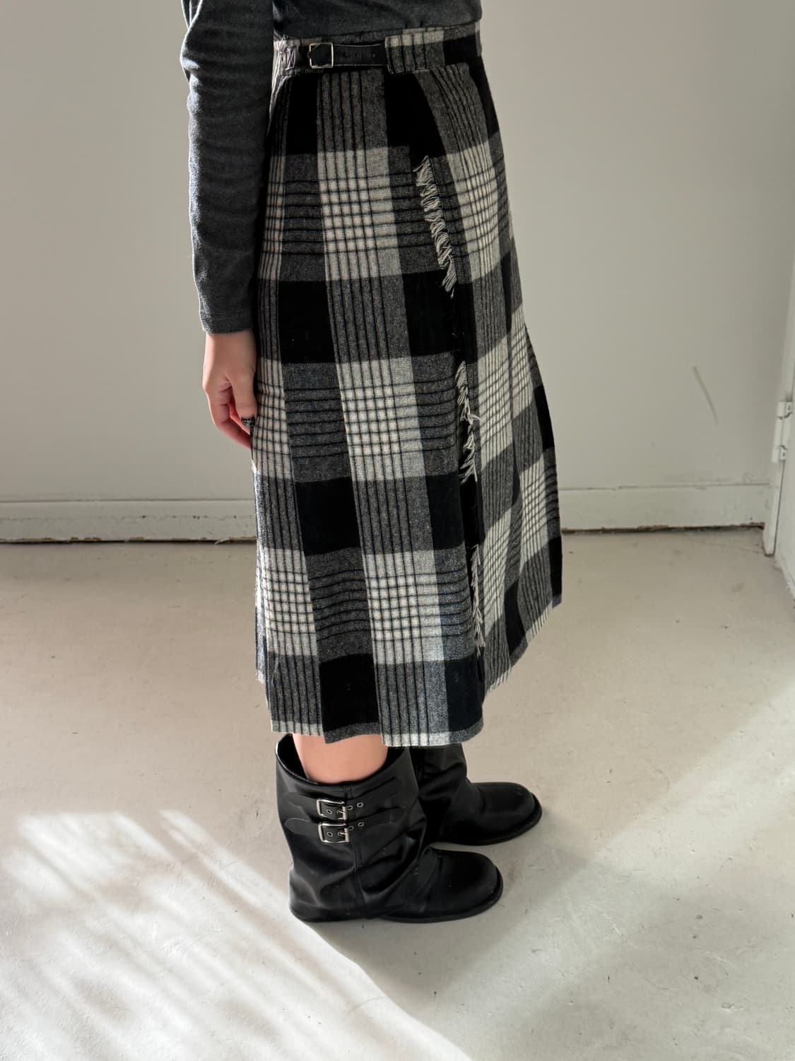 일본빈티지 체크 플리츠 울 미디스커트 상품이미지2