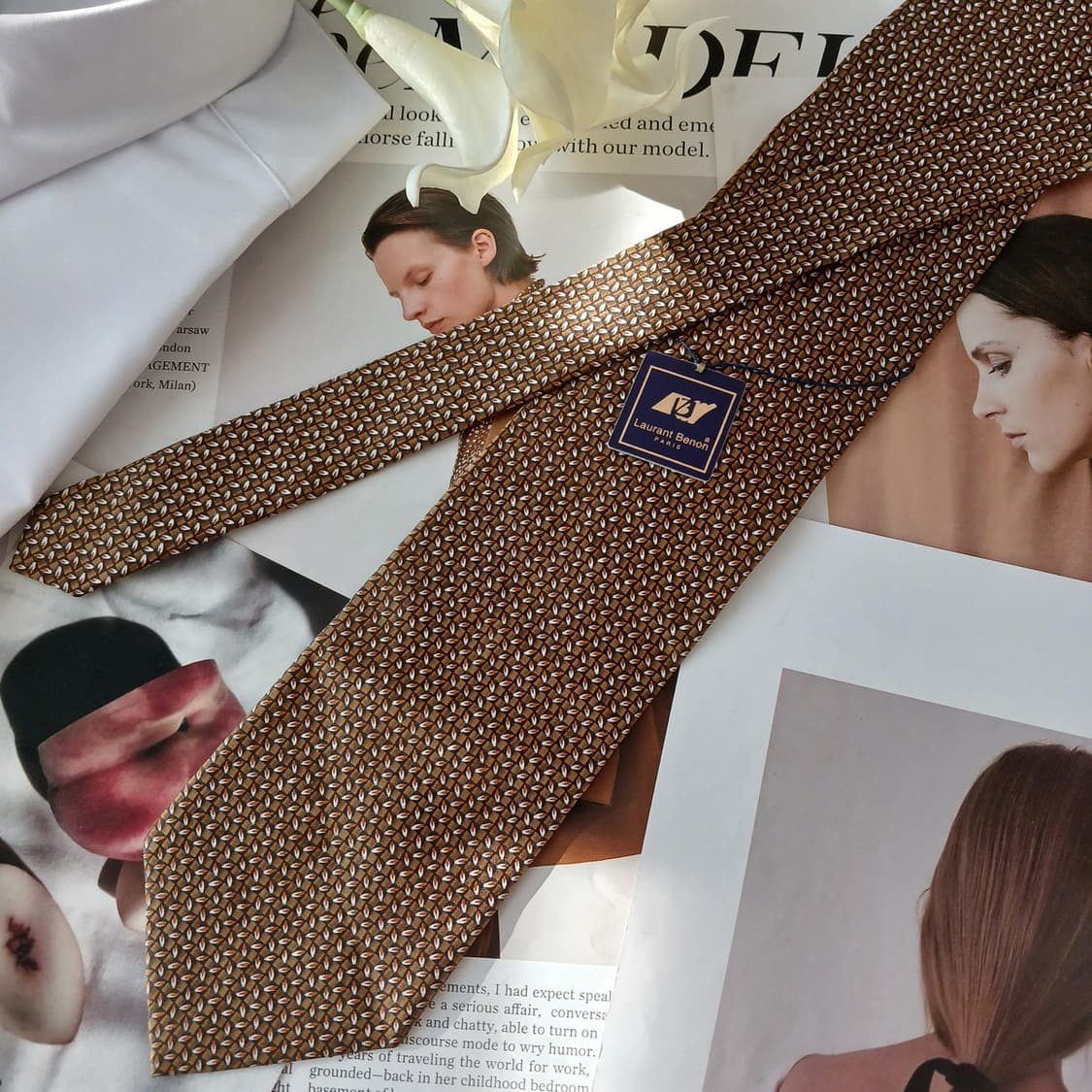 로랑베롱 실크 브라운 마이크로 패턴 넥타이 9.4cm 새제품 A19217 상품이미지3