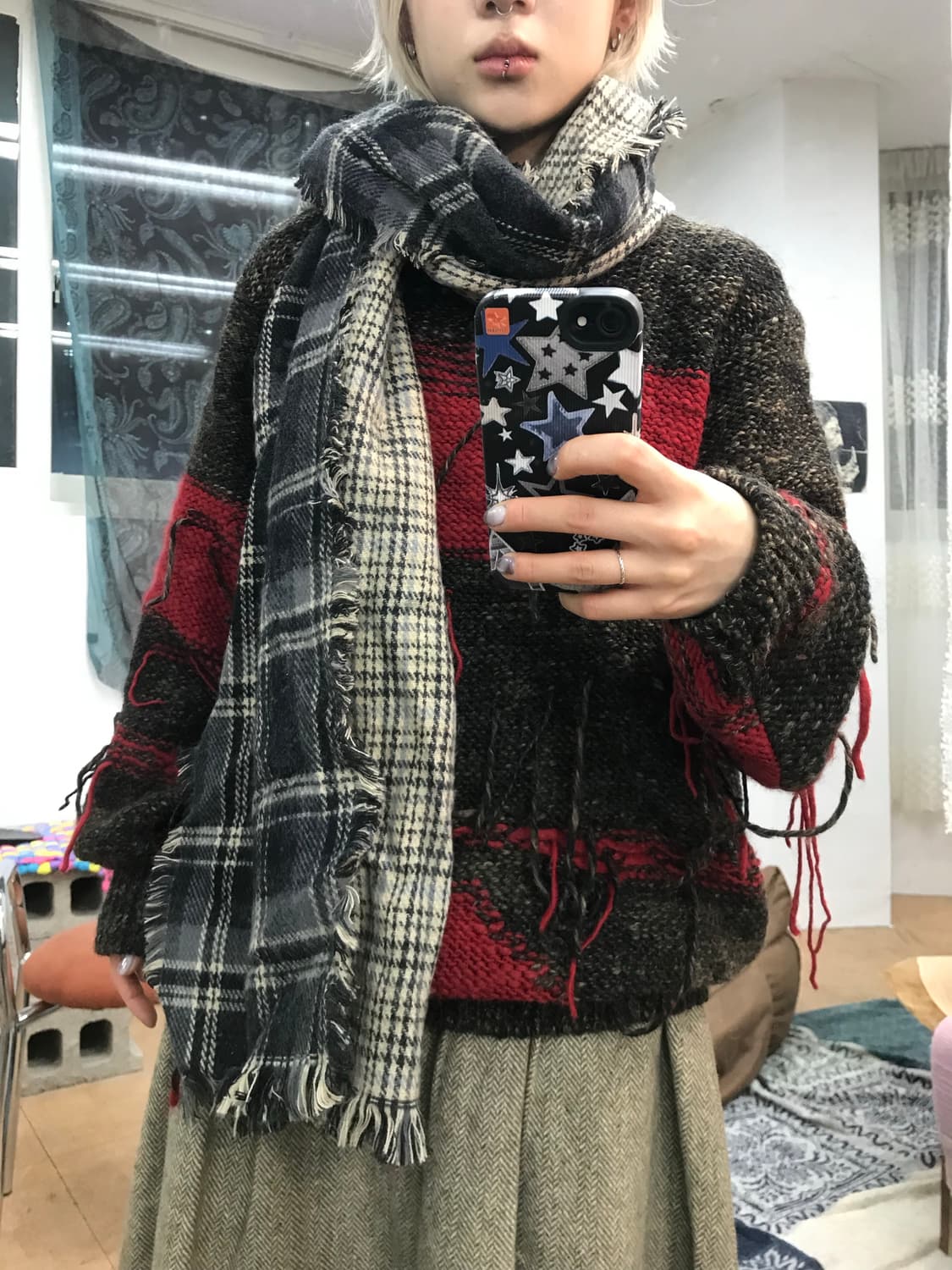 빈티지 체크 배색 머플러 목도리  상품이미지1