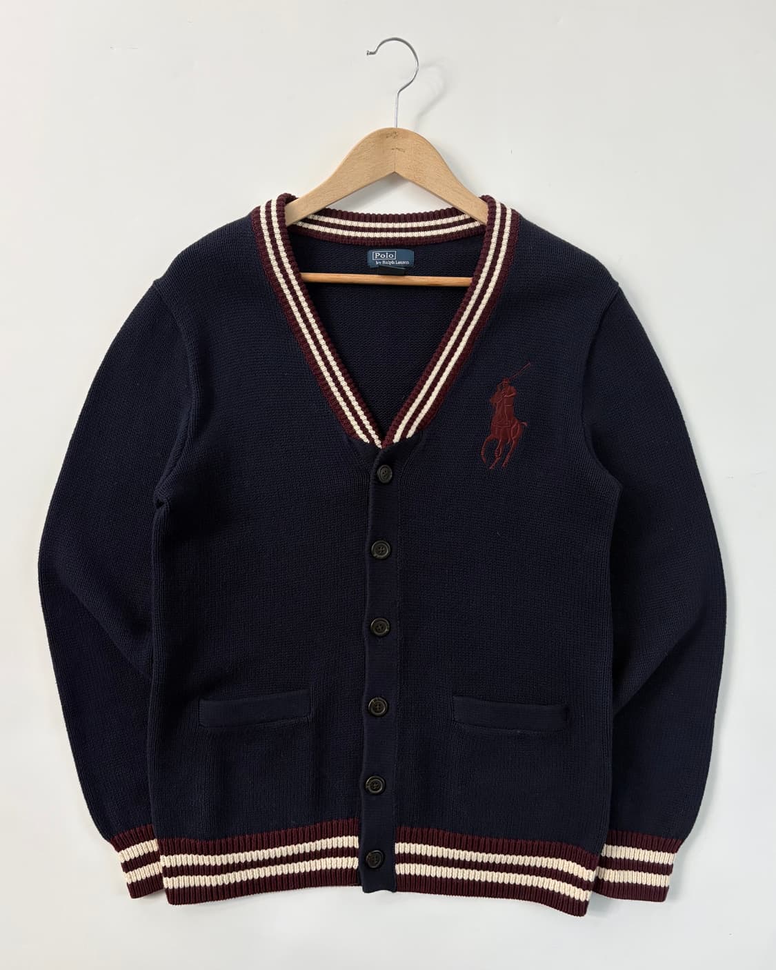 Polo 폴로 랄프로렌 버건디 빅포니 네이비컬러 코튼 브이넥 가디건 상품이미지1
