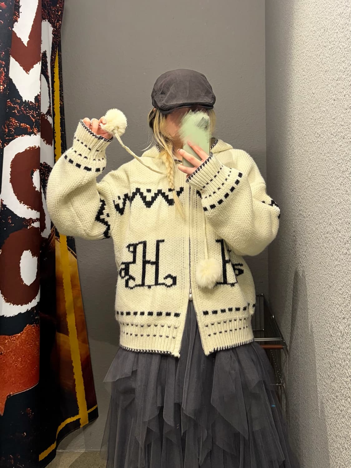 빈티지 후드 폼폼 니트집업 상품이미지2