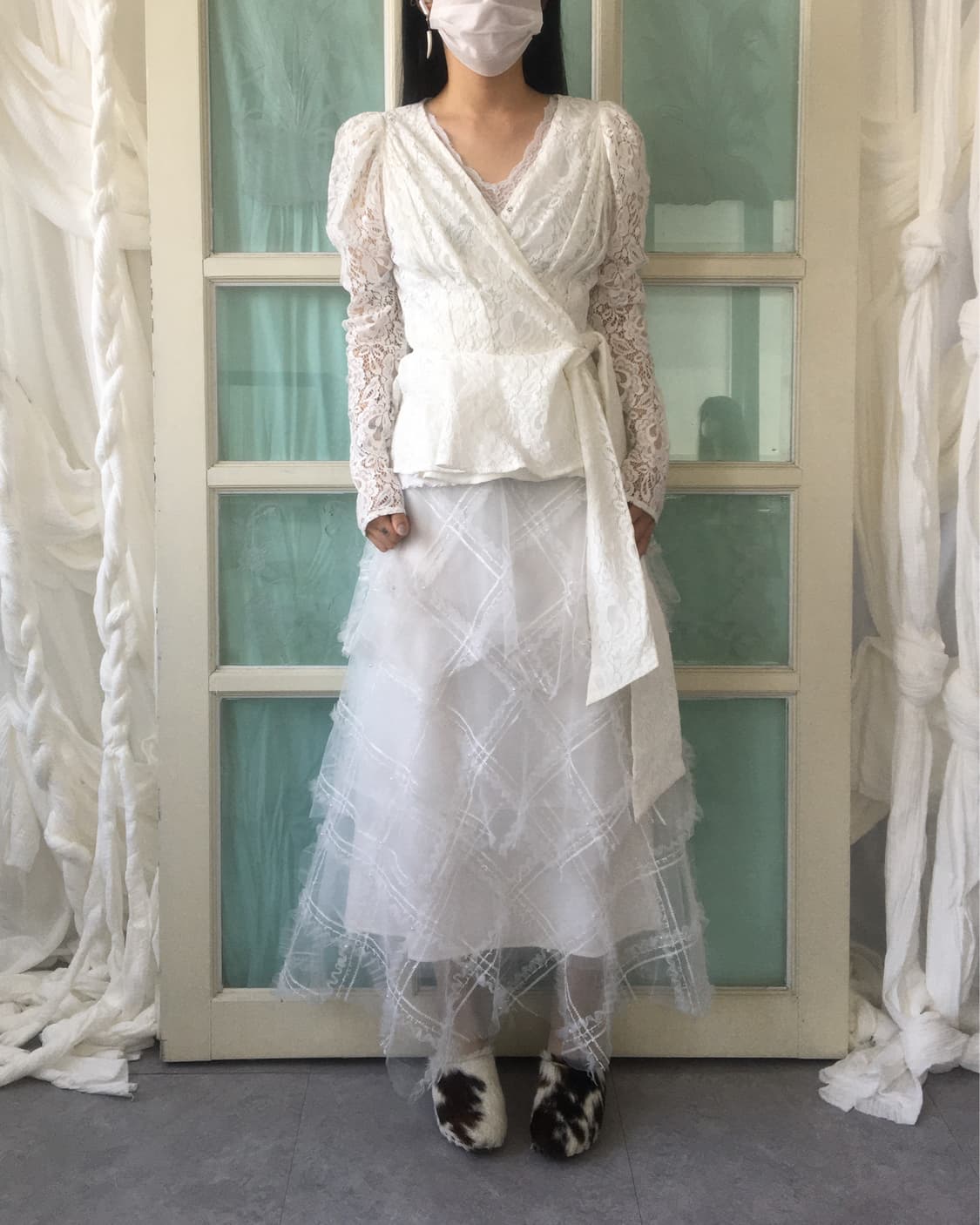 Pattern lace unbalanced sha long skirt 상품이미지5