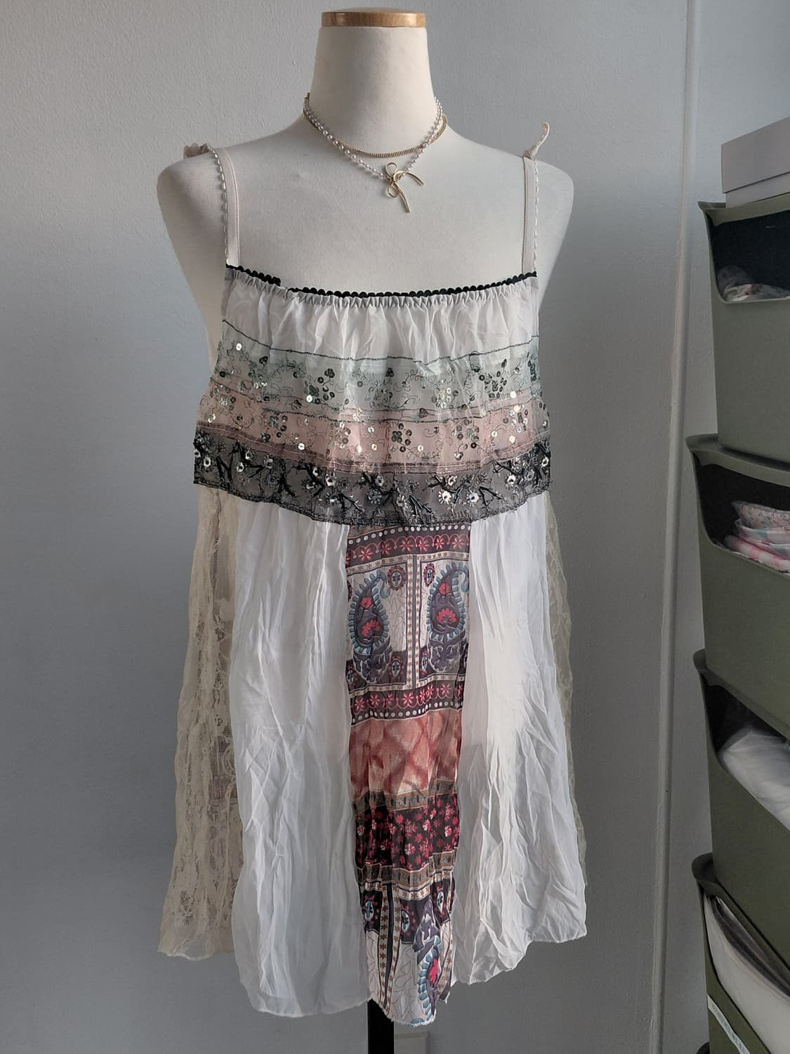 [빈티지] 패치워크 레이스/프린트 끈나시 원피스 상품이미지1