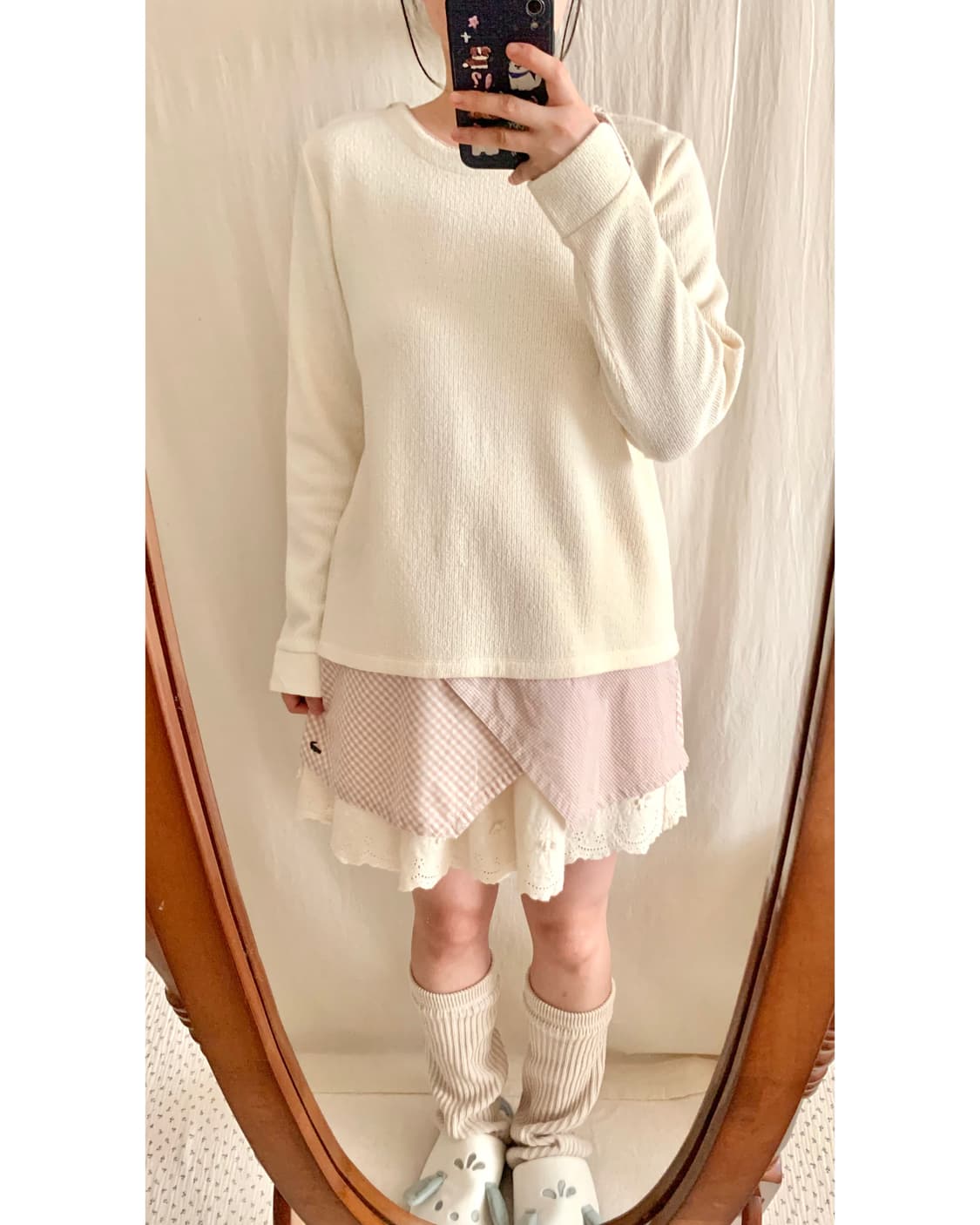 크로커다일 핑크 체크 셔츠 레이어드 탑 상품이미지1