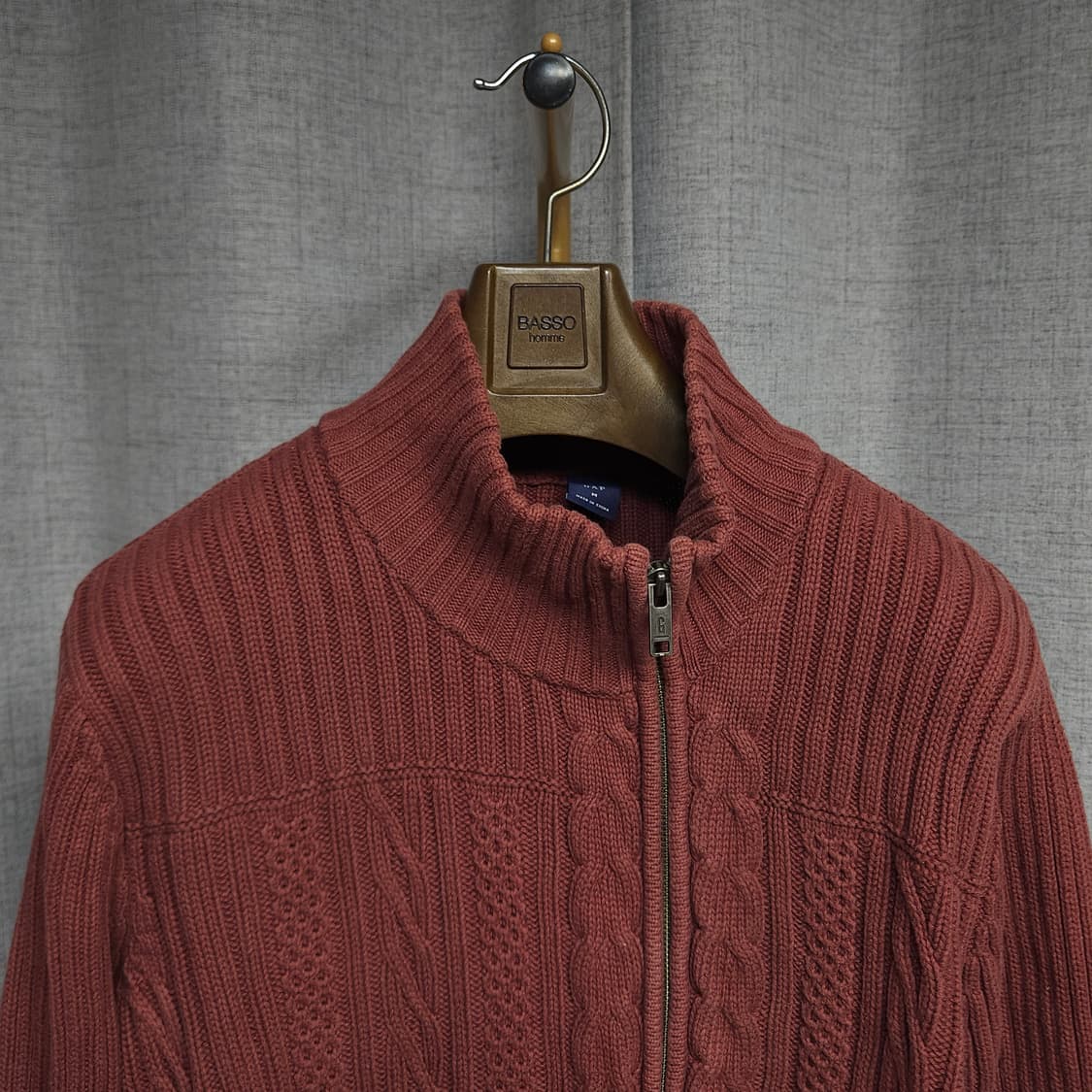 M ) GAP 남성 비대칭 케이블 니트 집업 빈티지 레드 상품이미지2