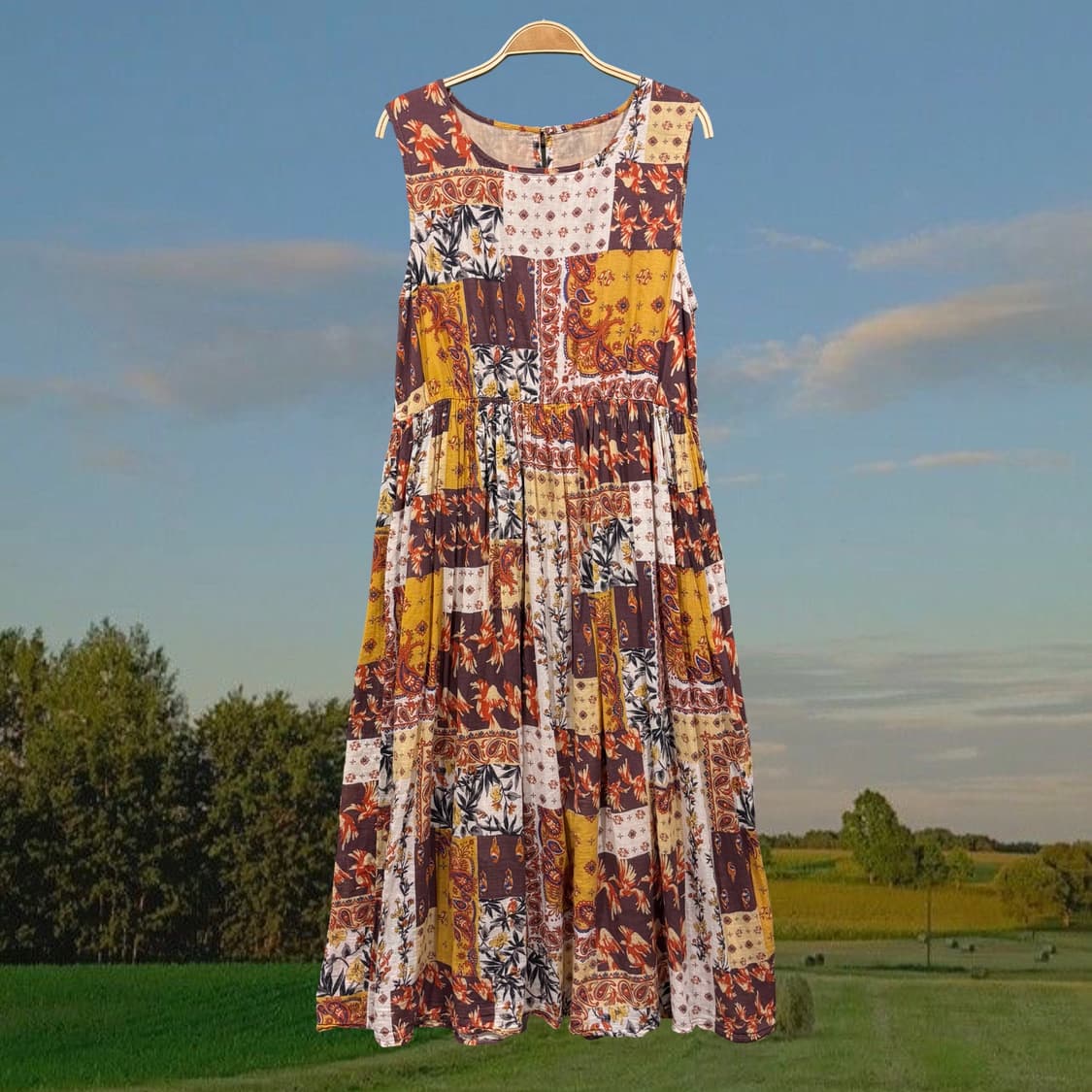 일본 빈티지 에스닉 패치워크 패턴 브라운 민소매 롱 원피스 상품이미지1