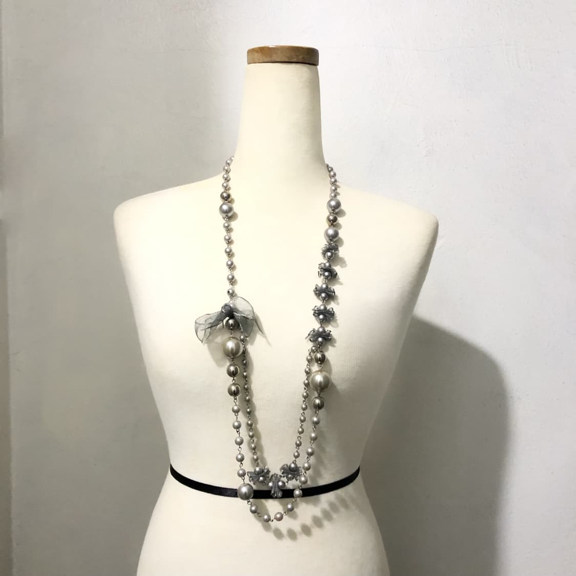 빈티지 실버 진주 리본 드롭 롱목걸이 페어리 갸루 오리엔탈 상품이미지1