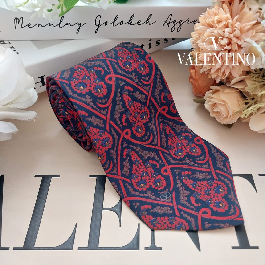 발렌티노 실크 네이비&레드 페이즐리 패턴 넥타이 9cm A등급 K1702 상품이미지1