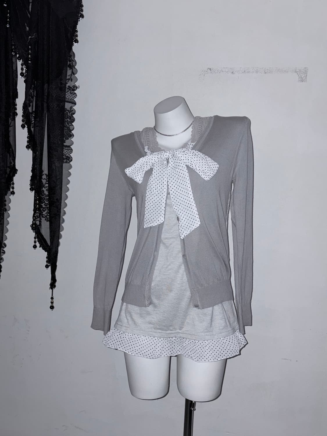 뮤트그레이 공겜여주 3피스 세트 땡땡이, 리본, 원피스 상품이미지3