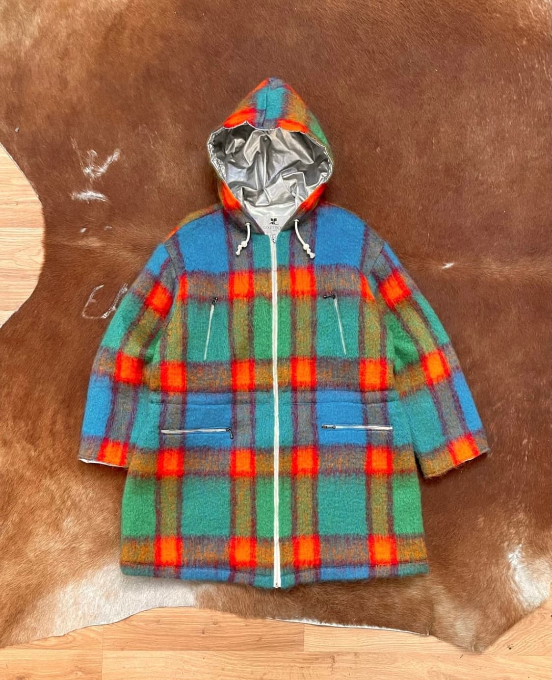 [M] 꾸레쥬 체크 모헤어 울 후드 코트 상품이미지1