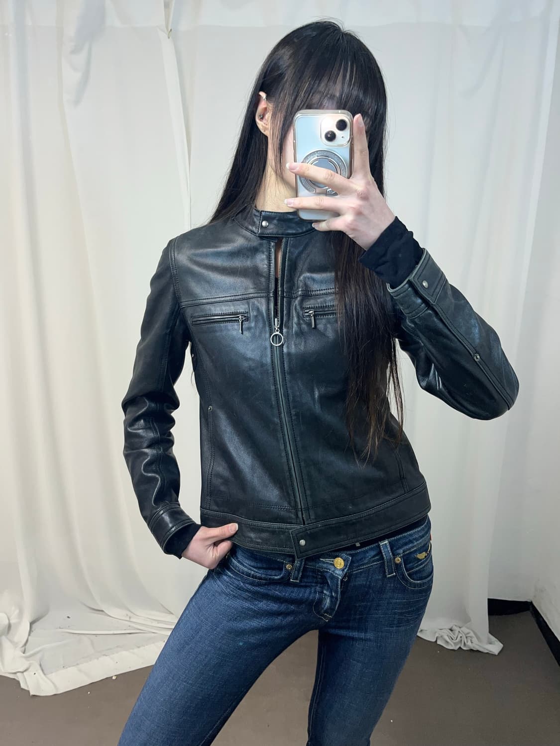 더블 지퍼포켓 블랙 레더 자켓 상품이미지4