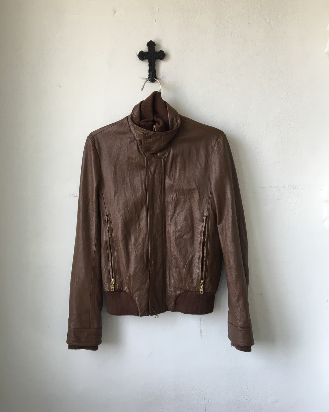 Lamb skin high neck bomber leather jacke 상품이미지2