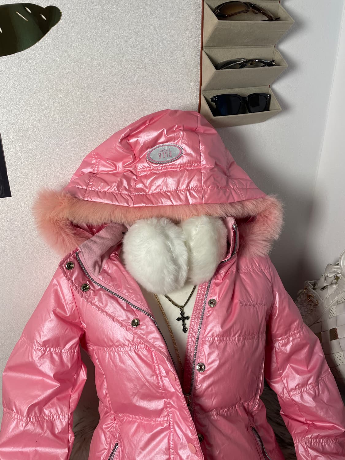 빈티지 엘르 핑크 글로시 퍼 패딩 상품이미지4
