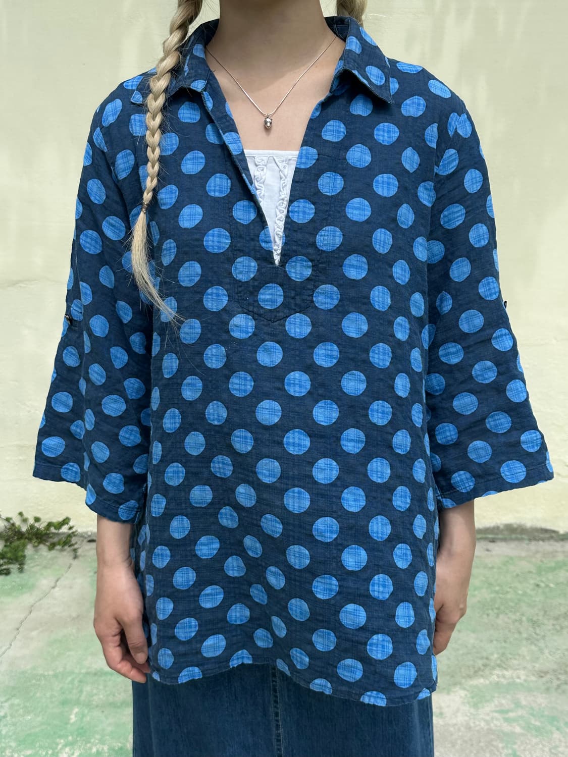 블루 도트 패턴 오픈 카라 셔츠 상품이미지7