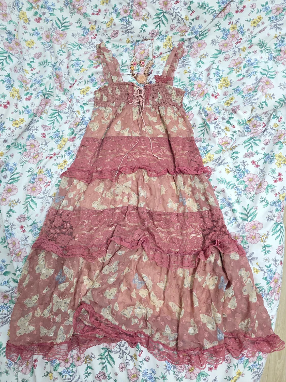 엑시즈팜 일본빈티지)버터플라이 로즈핑크 캉캉패치워크 슬리브리스원피스롱치마 상품이미지3