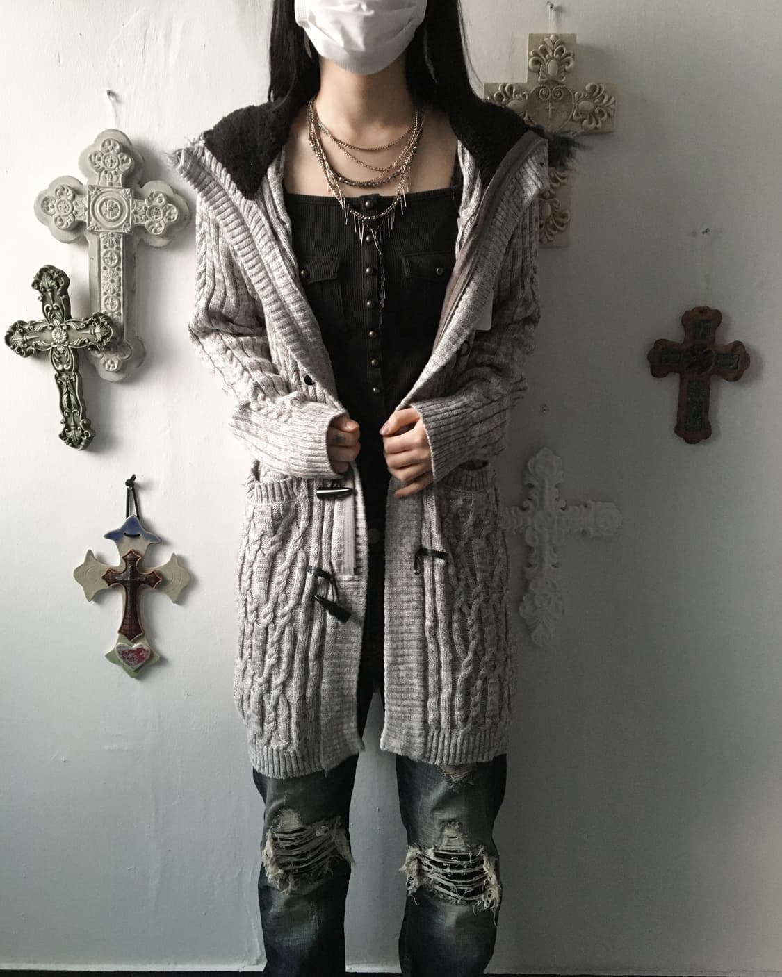 Fake fur hood duffle button knit cardiga 상품이미지8