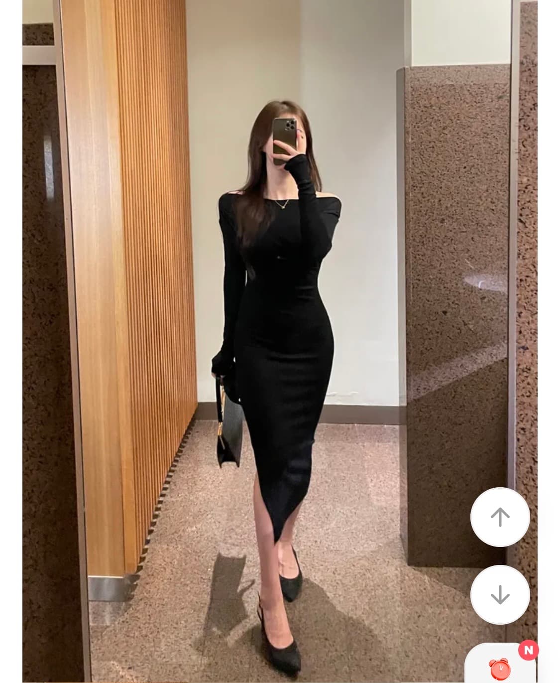 수앤핏 긴팔 트임 언발 오프숄더 슬림 원피스 상품이미지1