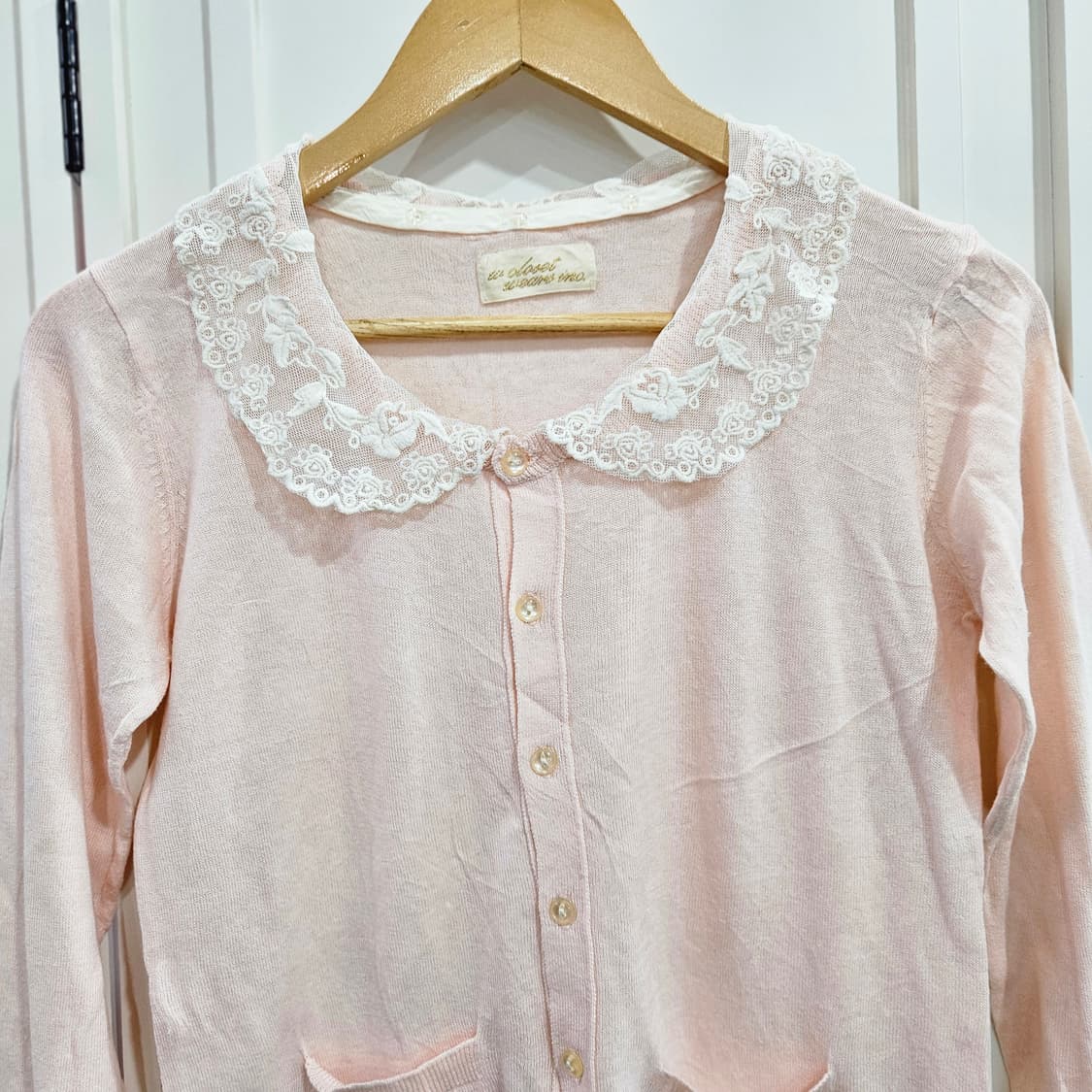 레이스 카라 핑크색 가디건 상품이미지2