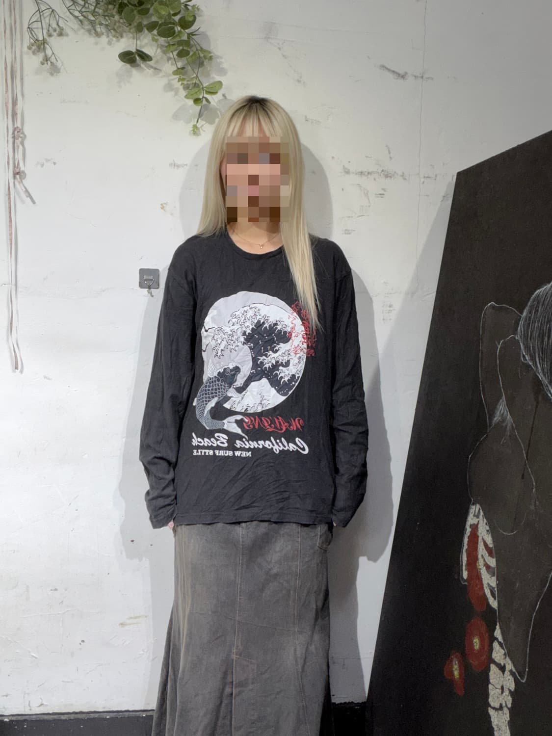 JPN 일본 빈티지 파도 오리엔탈 프린팅 롤슬리브 긴팔티 LL 상품이미지4