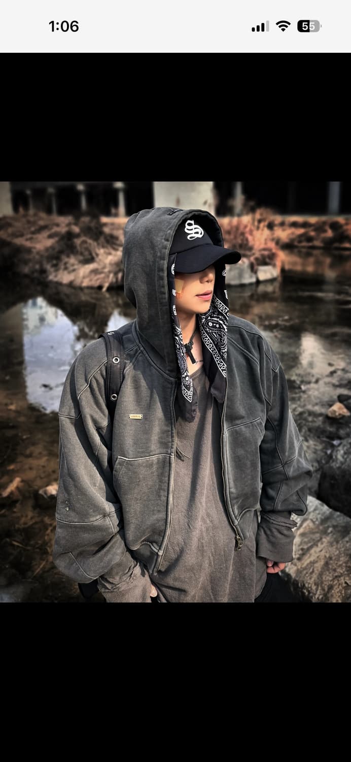 아조바이아조 빈티지 피그먼트 후드집업(차콜) 상품이미지7