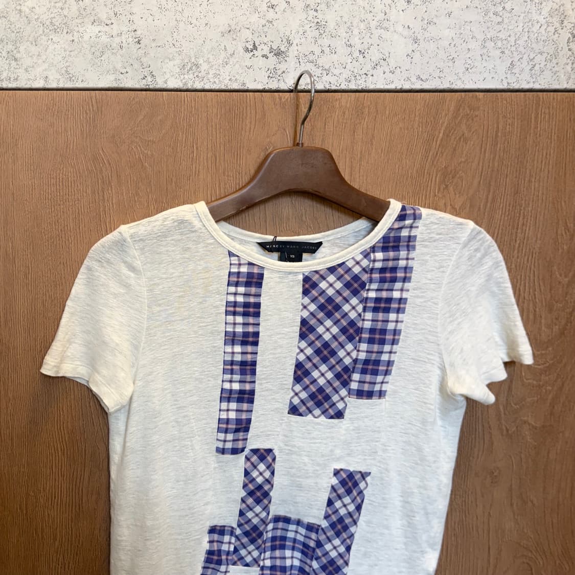 마크 바이 마크 제이콥스 반팔 티셔츠 퍼플 체크 패치워크 디테일 아이보리 상품이미지8