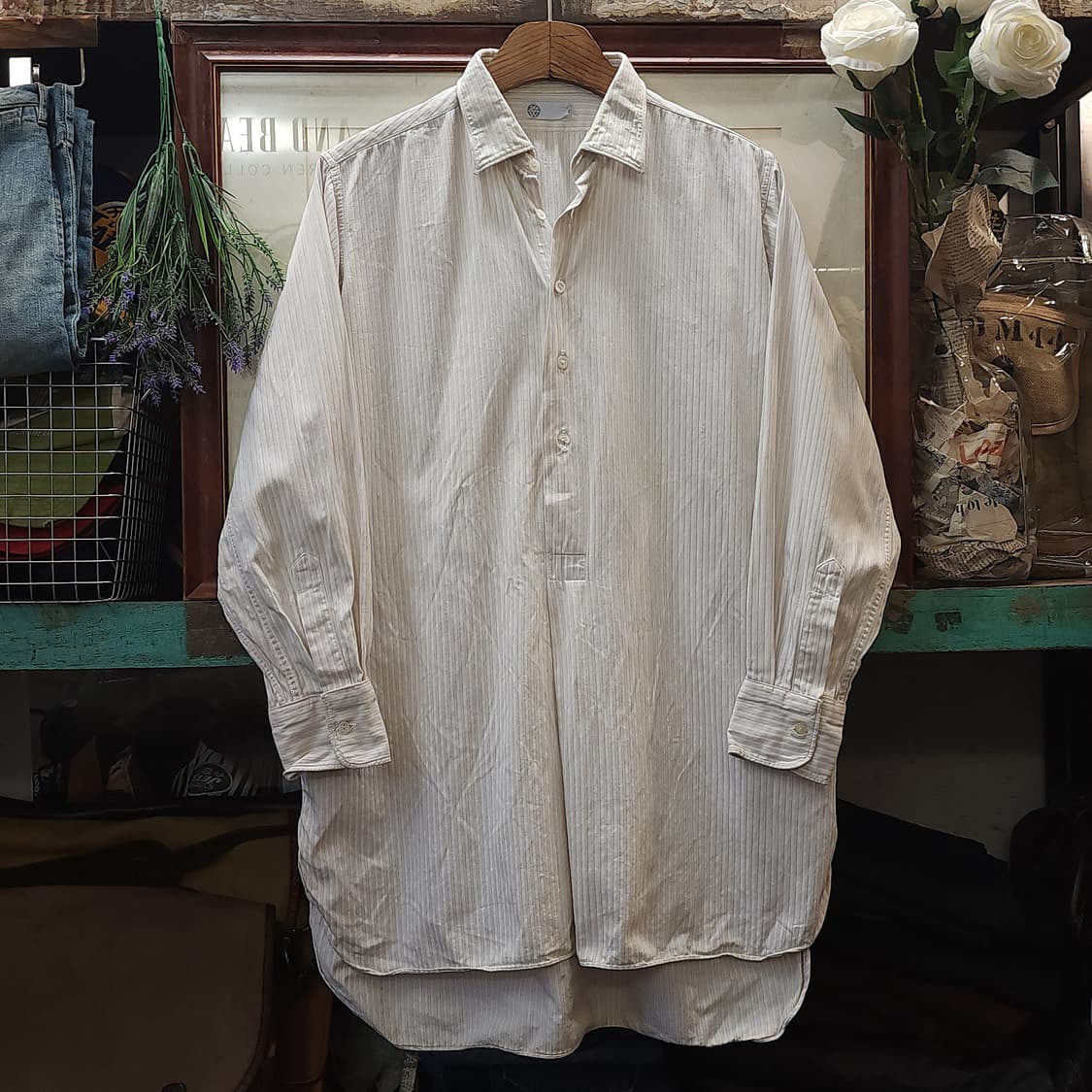 60s 프랑스 워크셔츠 가드너 빈티지 셔츠 화이트 롱 튜닉 셔츠 s 상품이미지1