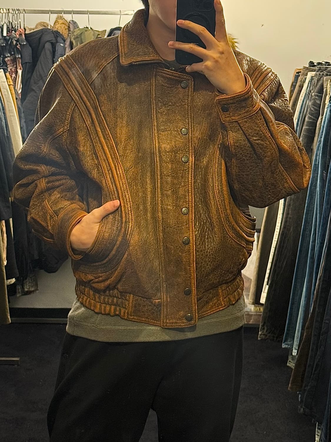 SK 레더 가죽 양가죽 카멜 브라운 빈티지 블루종 봄버 점퍼 하이넥 집업 상품이미지2