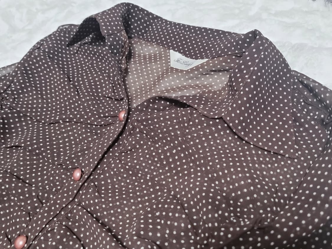 일본 빈티지 도트 블라우스 브라운 셔츠 긴팔 상품이미지2