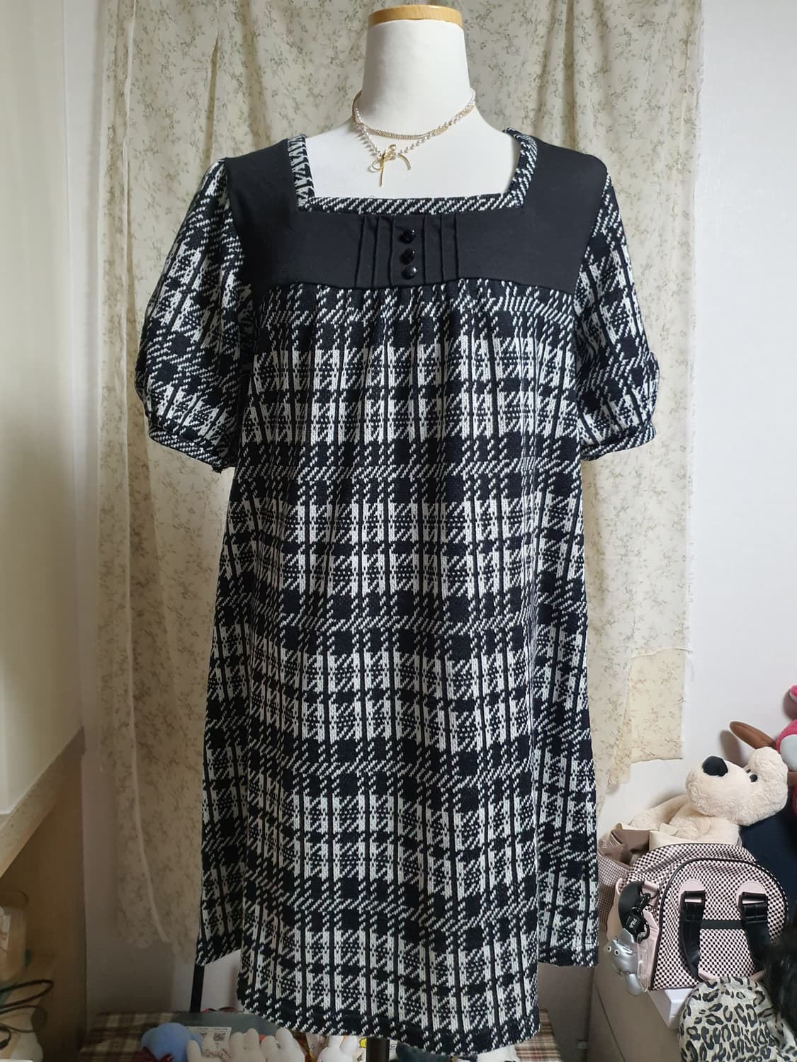 [모리걸] 너드모리 깅엄 체크 블랙 원피스 퍼프 반팔 LL 상품이미지1