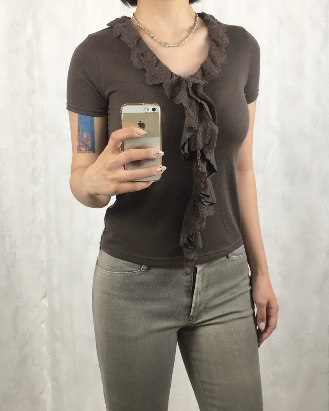JPN khaki brown lace frill top 상품이미지2