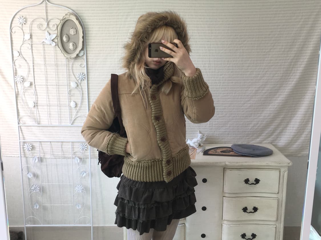 빈티지 카멜 퍼 후드 코듀로이 패딩 점퍼 상품이미지1