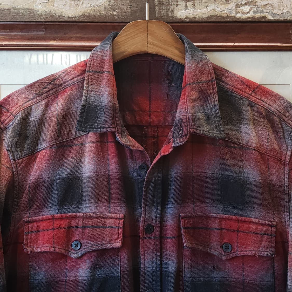 90s 빈티지 체크셔츠 헤비 플란넬 워크셔츠 썬페이딩 레드 웨스턴 L 상품이미지3