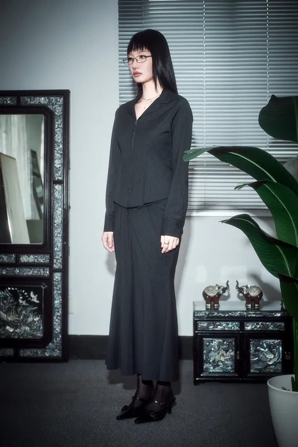 디어미 오피스 롱스커트 스트라이프 스커트 오도어 상품이미지4