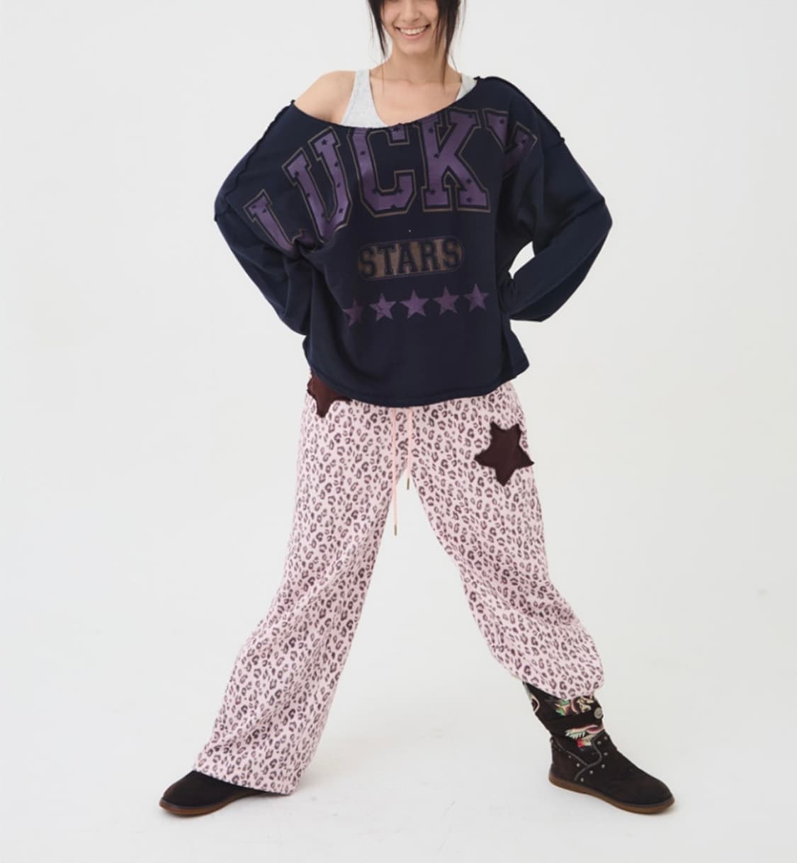 익스파이어드걸 럭키스타 스웻 셔츠 원숄더 네이비 상품이미지1