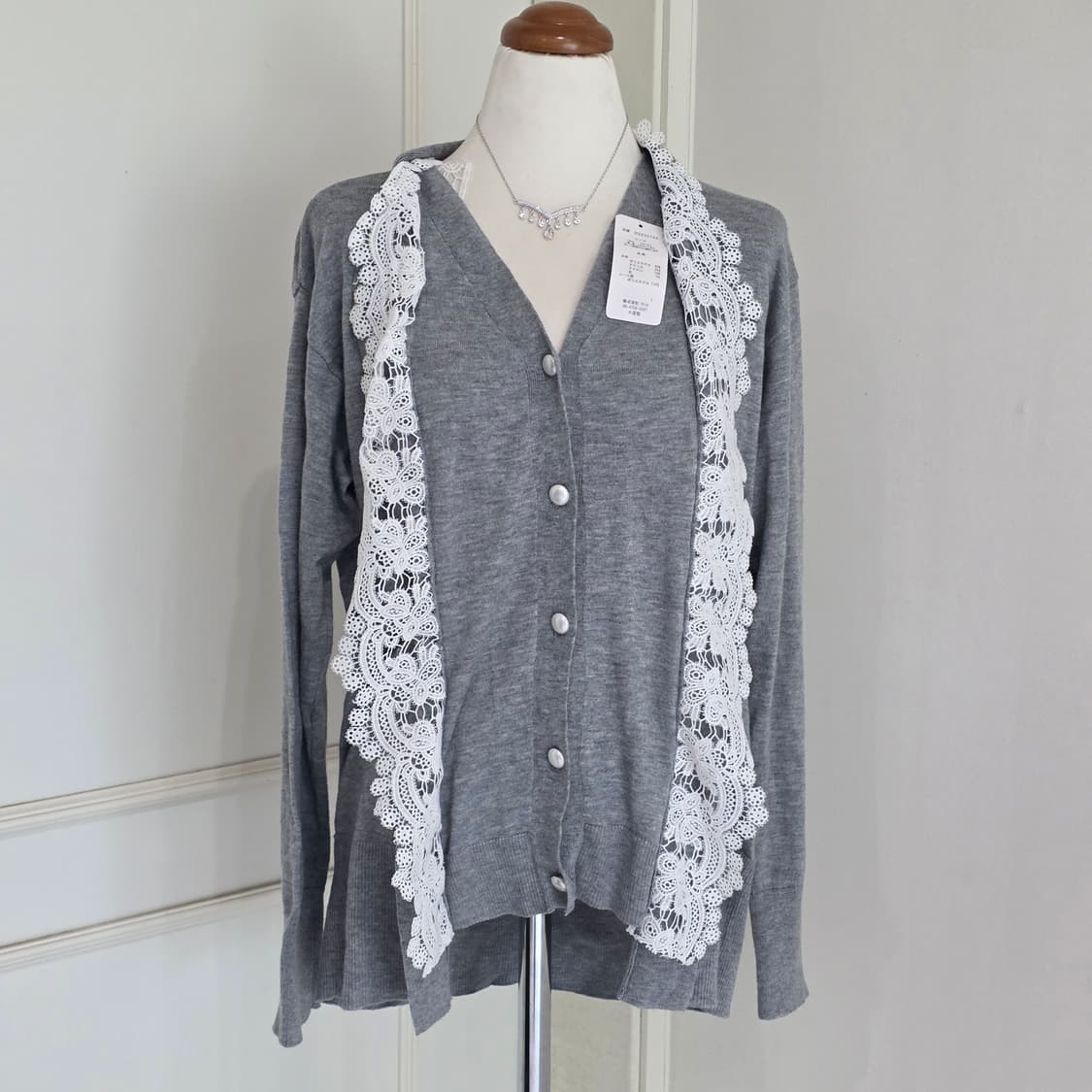 일본빈티지)보헤미안 하구미모리걸st 로맨틱 레이스 레이어드 그레이 가디건 상품이미지3